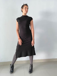 caraucci high neck cap sleeve black double slit tunic dress #color_black