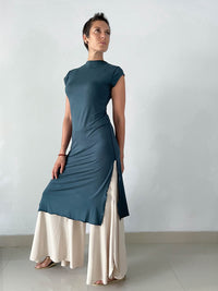 caraucci high neck cap sleeve teal blue double slit tunic dress #color_teal