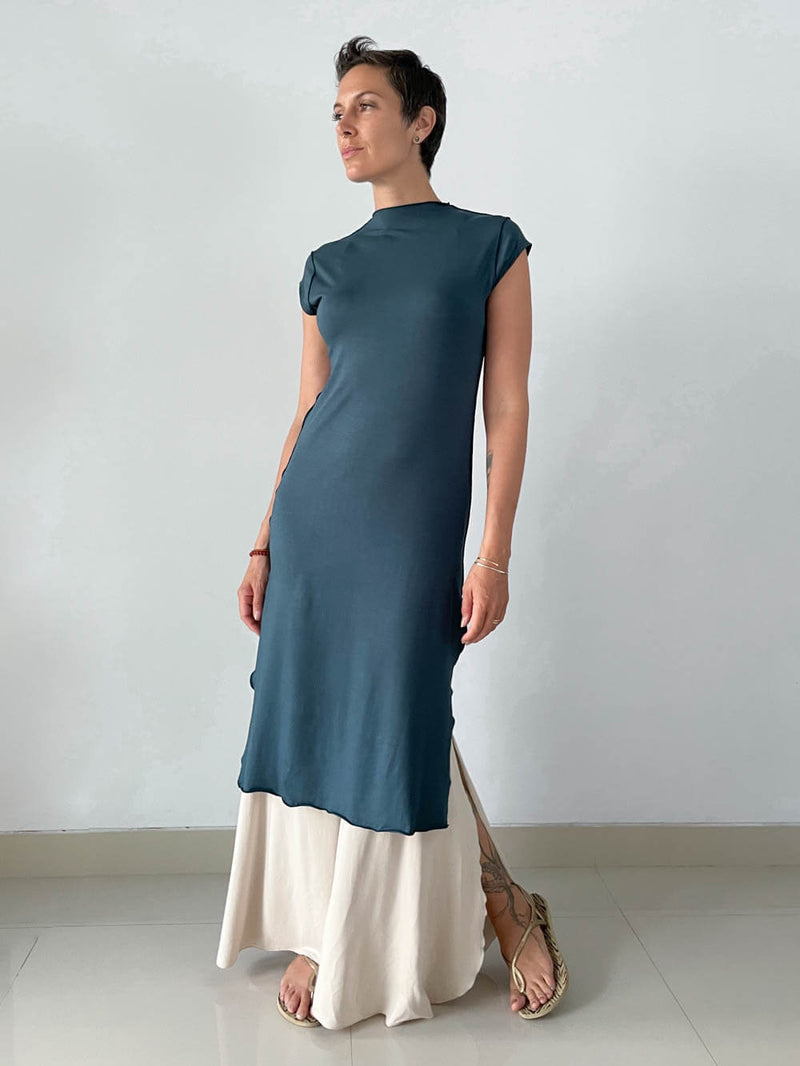 caraucci high neck cap sleeve teal blue double slit tunic dress #color_teal