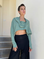 caraucci sage green cotton long dolman sleeve cowl neck cropped top #color_matcha