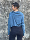 caraucci blue cotton long dolman sleeve cowl neck cropped top #color_pacific