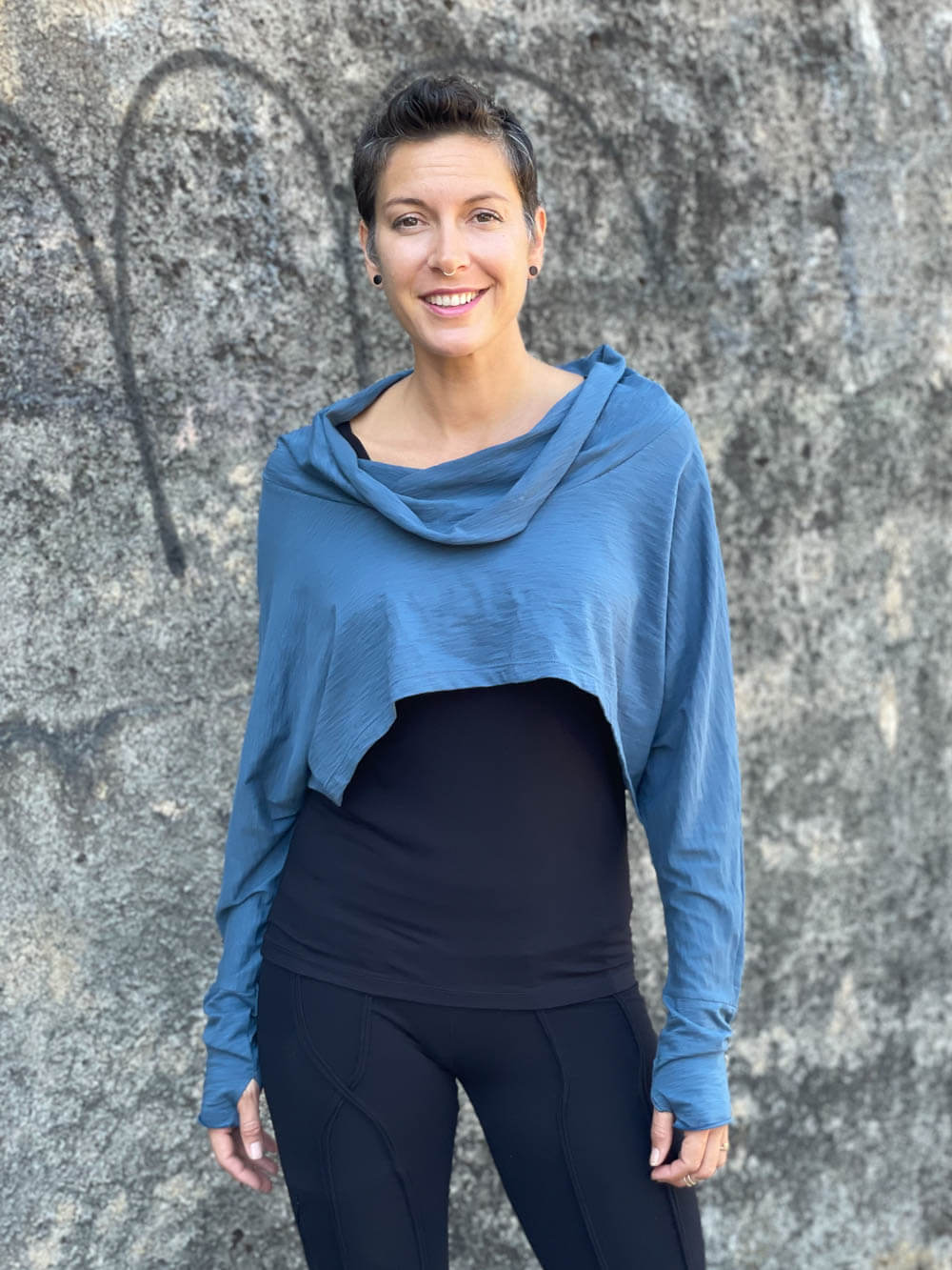 caraucci blue cotton long dolman sleeve cowl neck cropped top #color_pacific