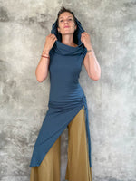 caraucci women's teal blue full length tunic with adjustable side ruching and a loose cowl neck that can be worn as a hood or over the shoulder #color_teal