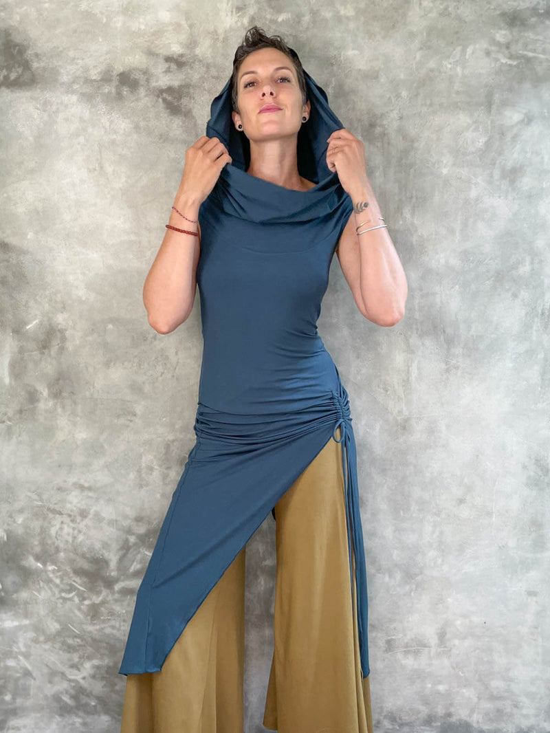 caraucci women's teal blue full length tunic with adjustable side ruching and a loose cowl neck that can be worn as a hood or over the shoulder #color_teal