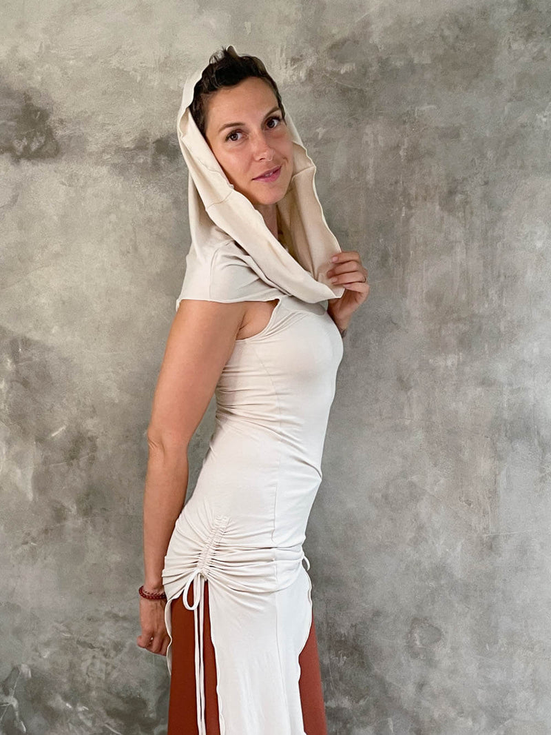 caraucci women's cream full length tunic with adjustable side ruching and a loose cowl neck that can be worn as a hood or over the shoulders #color_cream