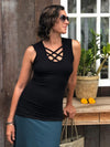 women's plant based rayon jersey sleeveless top with criss cross front detail #color_black