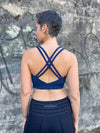 caraucci stretchy full coverage navy blue yoga bra top with criss cross back straps #color_navy