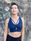 caraucci stretchy full coverage navy blue yoga bra top with criss cross back straps #color_navy