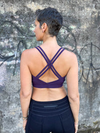 caraucci stretchy full coverage purple yoga bra top with criss cross back straps #color_plum