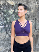 caraucci stretchy full coverage purple yoga bra top with criss cross back straps #color_plum