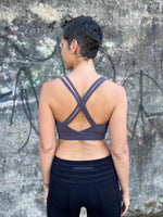 caraucci stretchy full coverage steel grey yoga bra top with criss cross back straps #color_steel