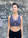 caraucci stretchy full coverage steel grey yoga bra top with criss cross back straps #color_steel