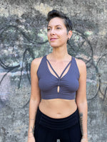 caraucci stretchy full coverage steel grey yoga bra top with criss cross back straps #color_steel
