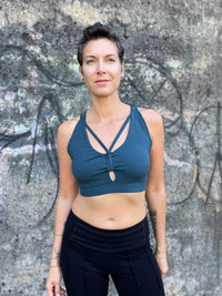 caraucci stretchy full coverage teal blue yoga bra top with criss cross back straps #color_teal