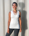 women's plant based rayon jersey sleeveless top with criss cross front detail #color_off-white