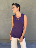 women's plant based rayon jersey sleeveless top with criss cross front detail #color_plum