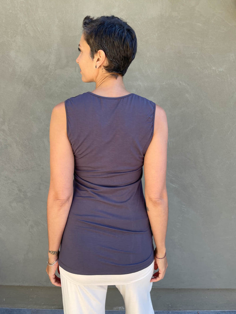 women's plant based rayon jersey sleeveless top with criss cross front detail #color_steel