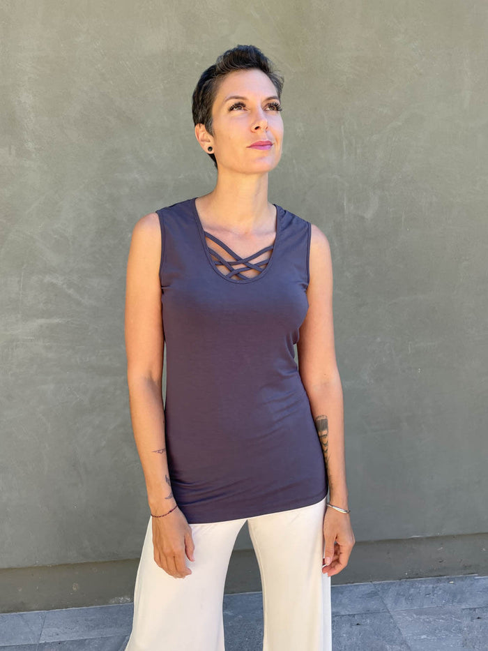 women's plant based rayon jersey sleeveless top with criss cross front detail #color_steel