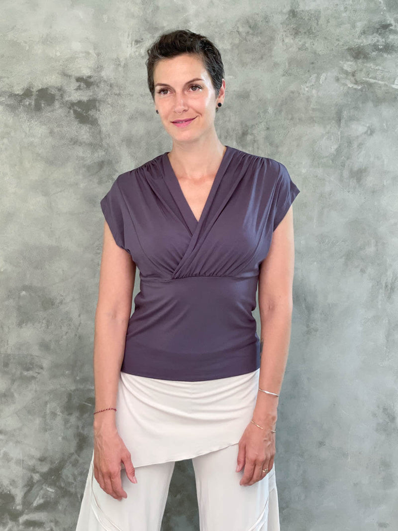 caraucci plant-based rayon stretch jersey steel grey cross over neckline top #color_steel