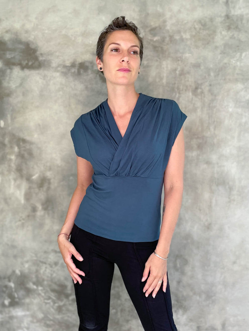 caraucci plant-based rayon stretch jersey teal blue cross over neckline top #color_teal