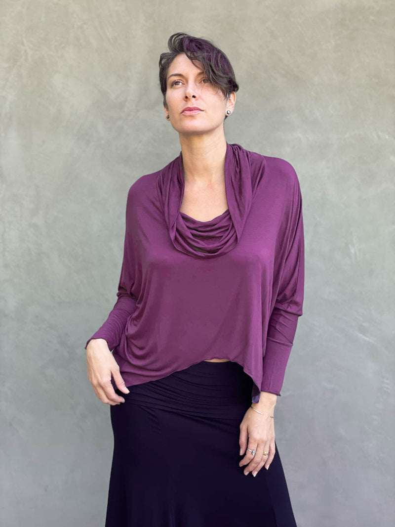 women's natural lightweight rayon jersey purple cowl neck loose fit top with thumbholes #color_jam