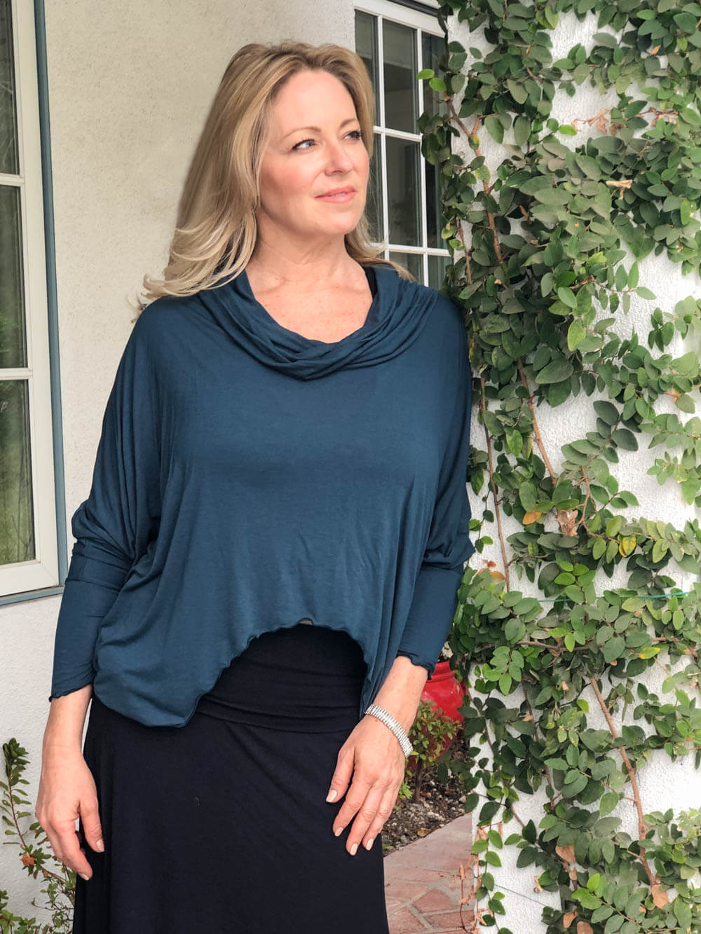 women's natural lightweight rayon jersey cowl neck loose fit top with thumbholes #color_teal