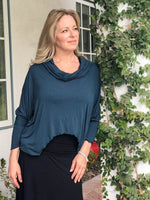 women's natural lightweight rayon jersey cowl neck loose fit top with thumbholes #color_teal
