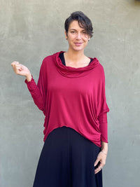 women's natural lightweight rayon jersey cowl neck scarlet red loose fit top with thumbholes #color_scarlet