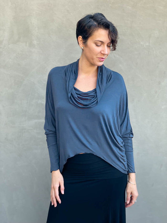 women's natural lightweight rayon jersey teal blue cowl neck loose fit top with thumbholes #color_teal