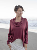 women's natural lightweight rayon jersey cowl neck loose fit top with thumbholes #color_wine