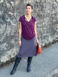 caraucci flexible plant-based steel grey rayon lycra a line midi skirt #color_steel