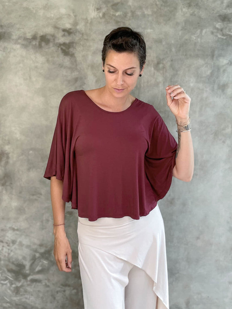 caraucci women's plant-based rayon jersey lightweight maroon flutter top #color_wine