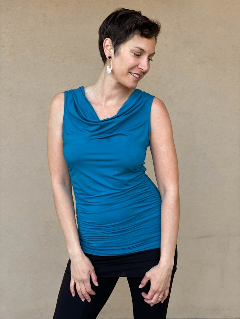 women's plant based rayon jersey bright blue top with ruching on sides and slight cowl neck #color_cosmo