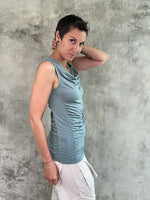 women's plant based rayon jersey sage green top with ruching on sides and slight cowl neck #color_moss