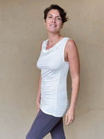 women's plant based rayon jersey off white top with ruching on sides and slight cowl neck #color_off-white