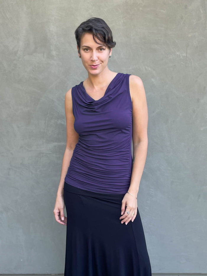 women's plant based rayon jersey purple top with ruching on sides and slight cowl neck #color_plum