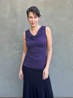 women's plant based rayon jersey purple top with ruching on sides and slight cowl neck #color_plum