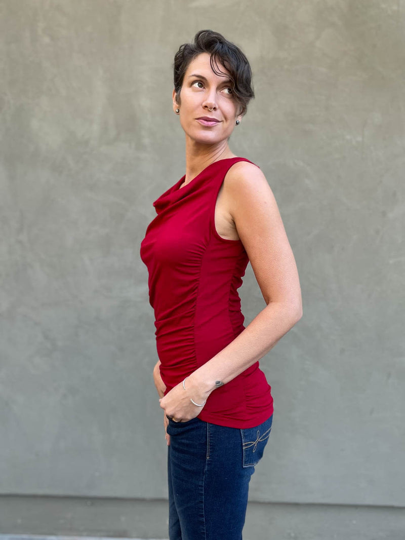 women's plant based rayon jersey red top with ruching on sides and slight cowl neck #color_red