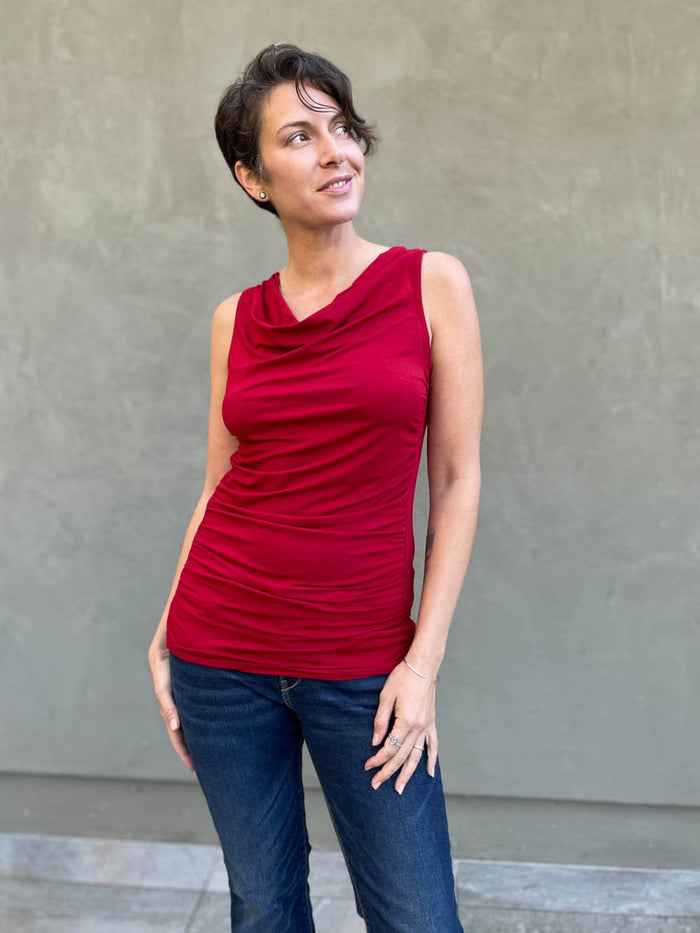 women's plant based rayon jersey red top with ruching on sides and slight cowl neck #color_red