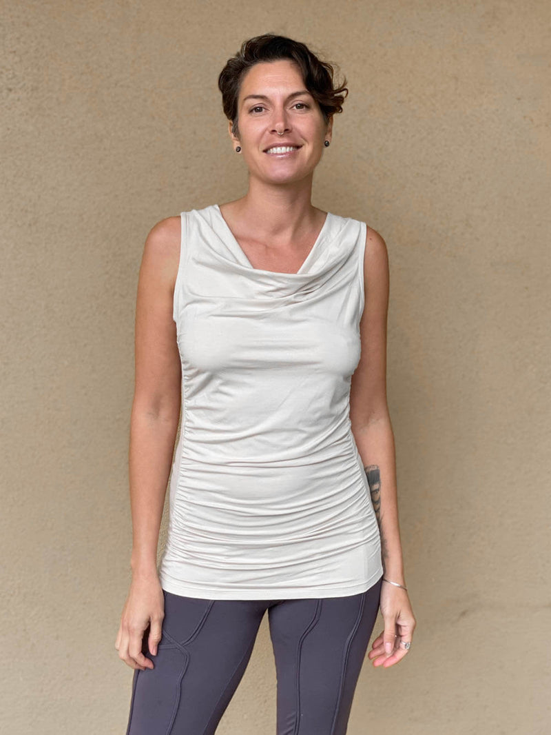 women's plant based rayon jersey top with ruching on sides and slight cowl neck #color_cream