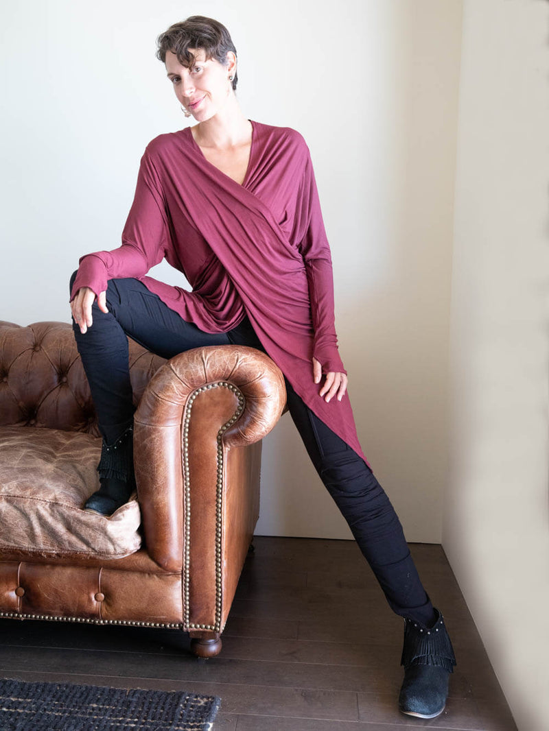 womens lightweight natural rayon jersey tunic with long sleeves and thumbholes #color_wine