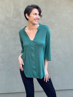 women's lightweight plant-based rayon jersey v-neck loose fit 3/4 sleeve jasper green kurta style tunic #color_jasper