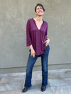women's lightweight plant-based rayon jersey v-neck loose fit 3/4 sleeve purple kurta style tunic #color_jam