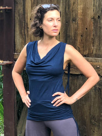 women's plant-based stretchy rayon jersey drape front tunic with adjustable side ruching and lace up back #color_navy