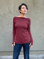 caraucci women's long sleeve natural rayon jersey maroon boatneck long sleeve top #color_wine