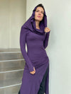 caraucci women's purple full length tunic with adjustable side ruching and a loose cowl neck that can be worn as a hood or over the shoulders #color_plum