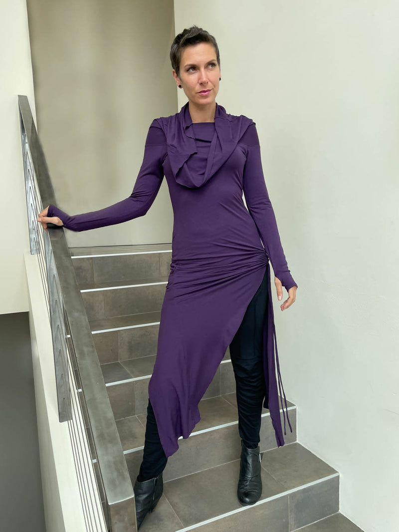 caraucci women's purple full length tunic with adjustable side ruching and a loose cowl neck that can be worn as a hood or over the shoulders #color_plum