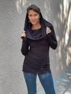 women's natural rayon jersey black long sleeve tunic with versatile cowl neck and thumbholes and hood #color_black