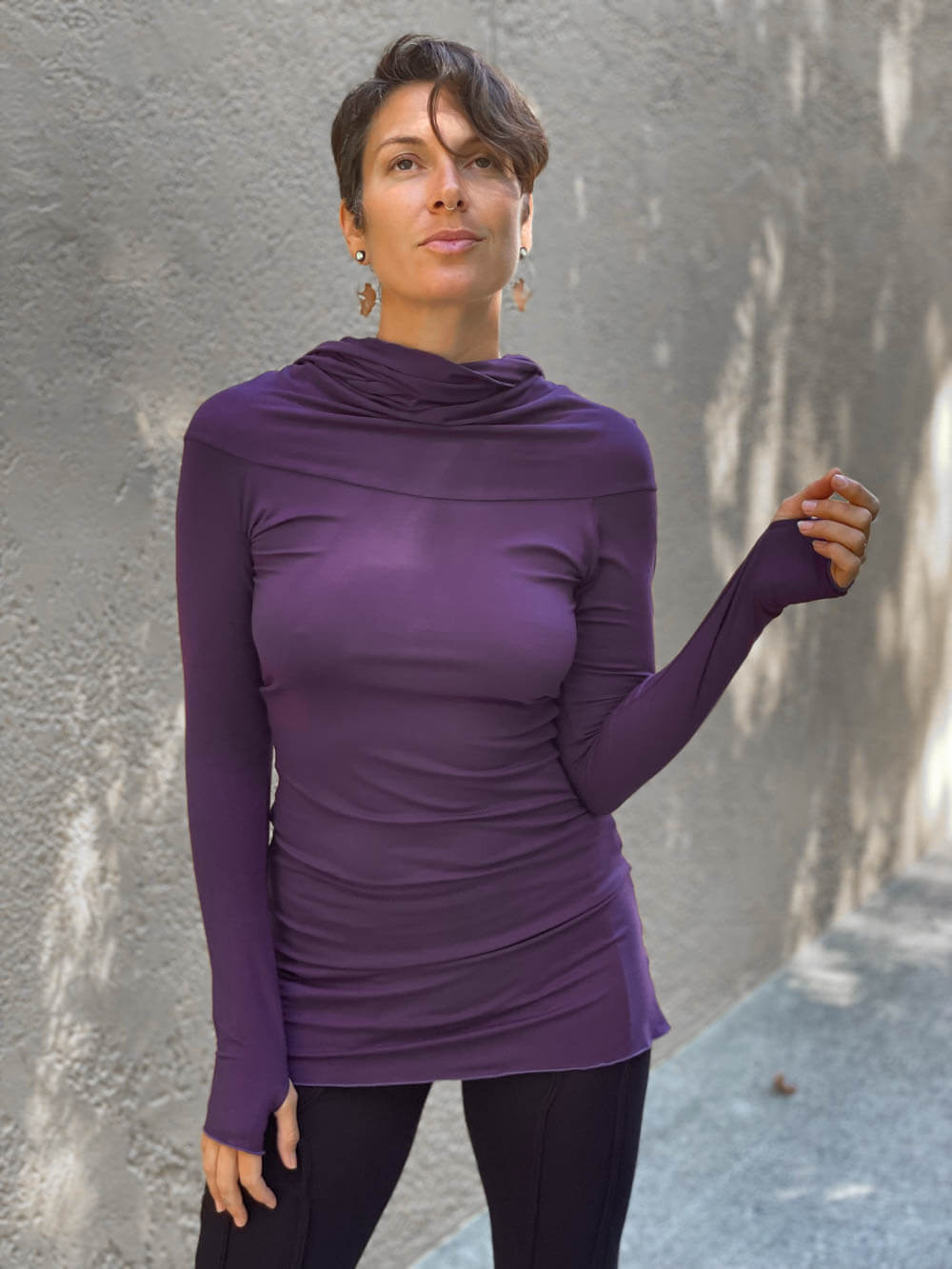 women's natural rayon jersey purple plum long sleeve tunic with versatile cowl neck and thumbholes and hood #color_plum