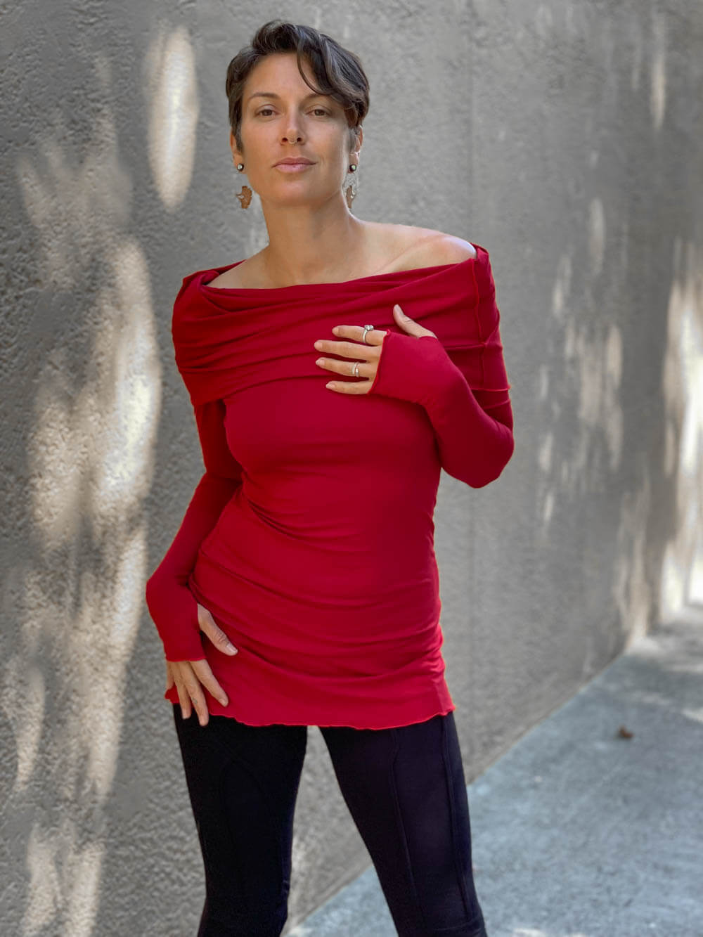 women natural rayon jersey red long sleeve tunic with versatile cowl neck and thumbholes and hood #color_red